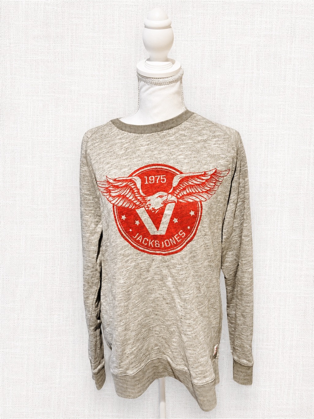 Jack and Jones Light Grey Crewneck Sweatshirt with Red Eagle Emblem
